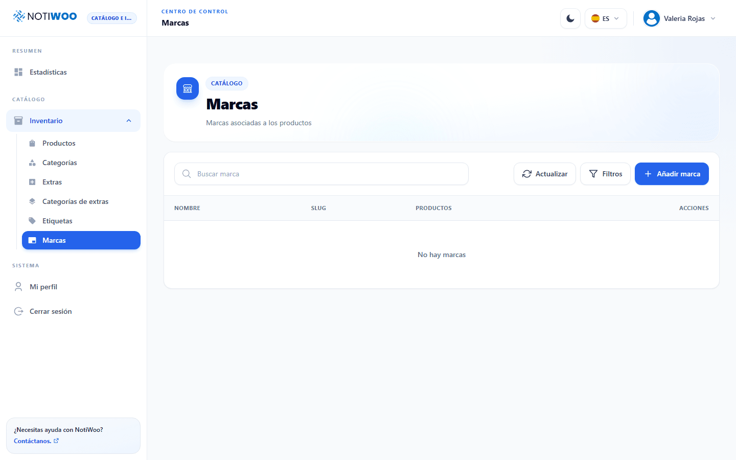Tabla de marcas con nombre, slug y contador de productos