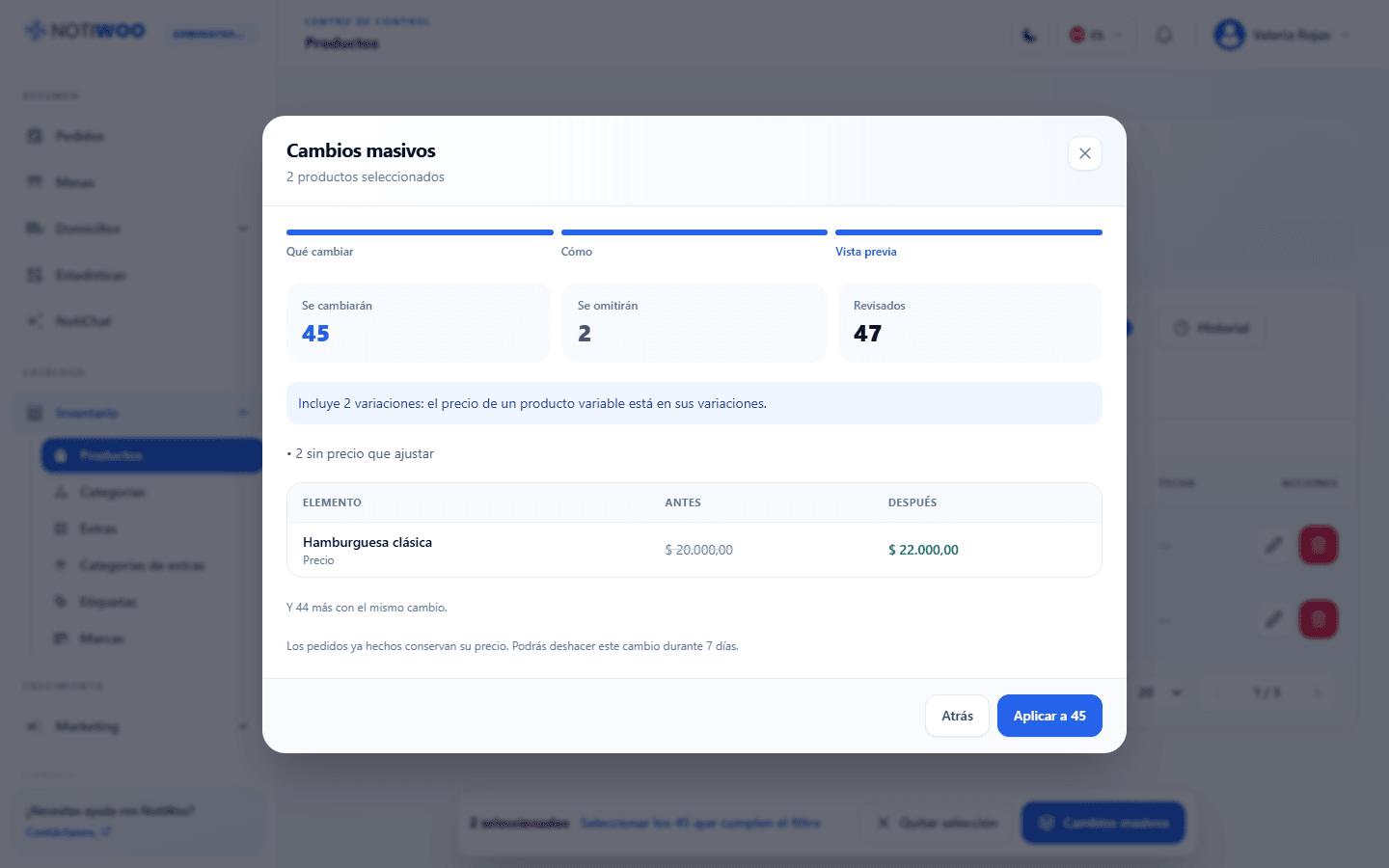 Vista previa con valores anteriores y nuevos