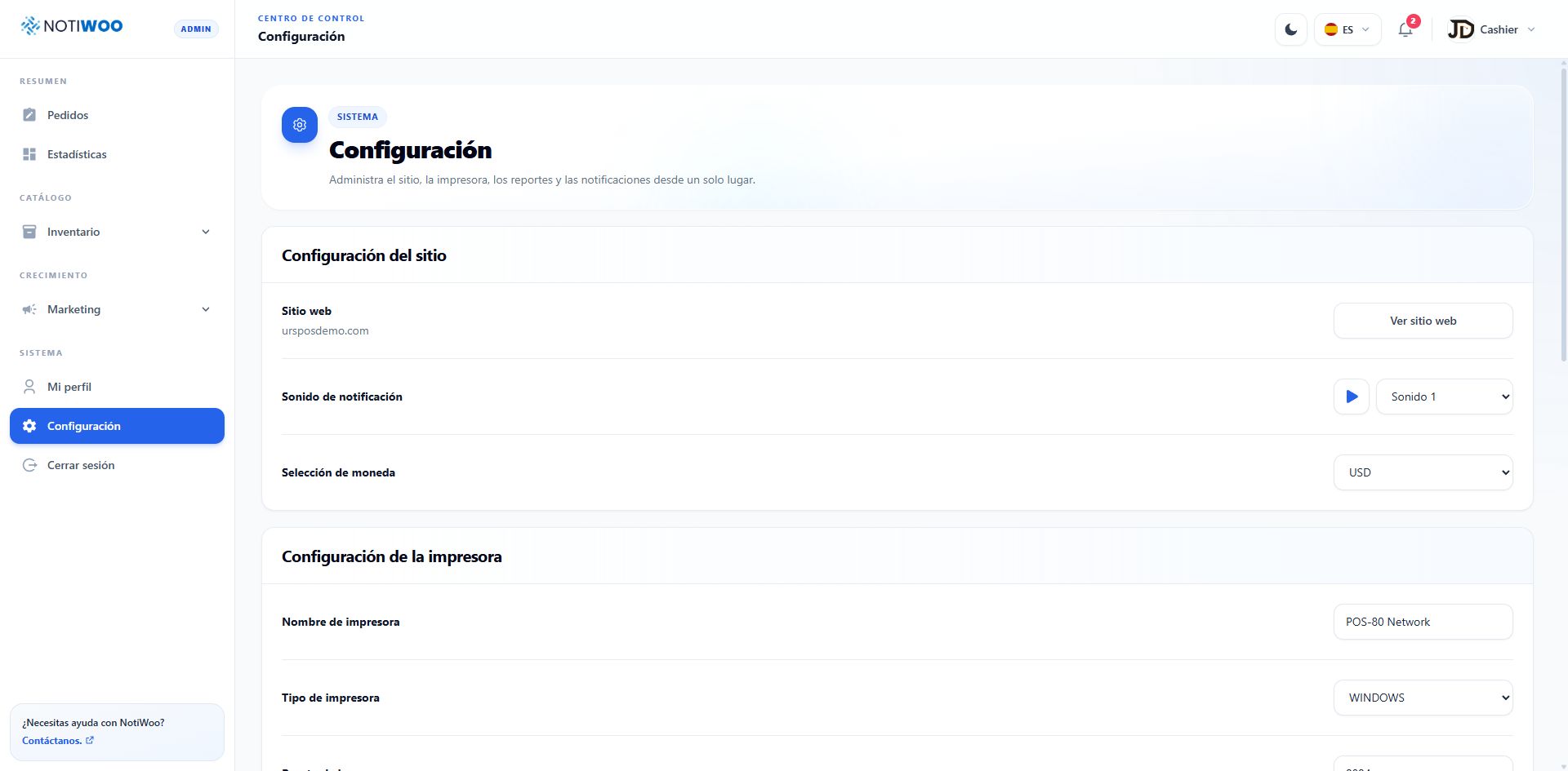 Página de configuración general y de impresora de NOTIWOO