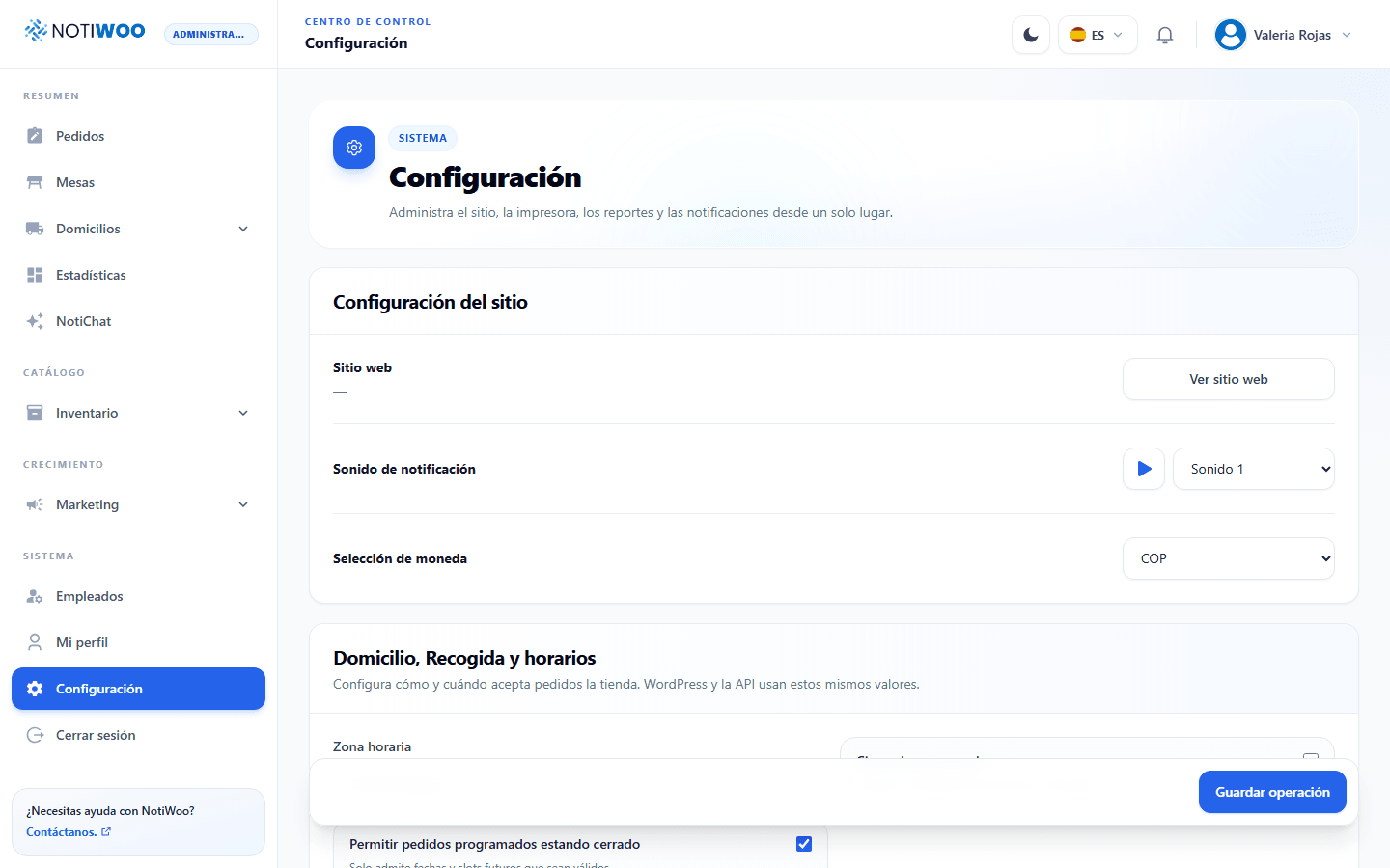 Ajustes de servicios y horarios en la app