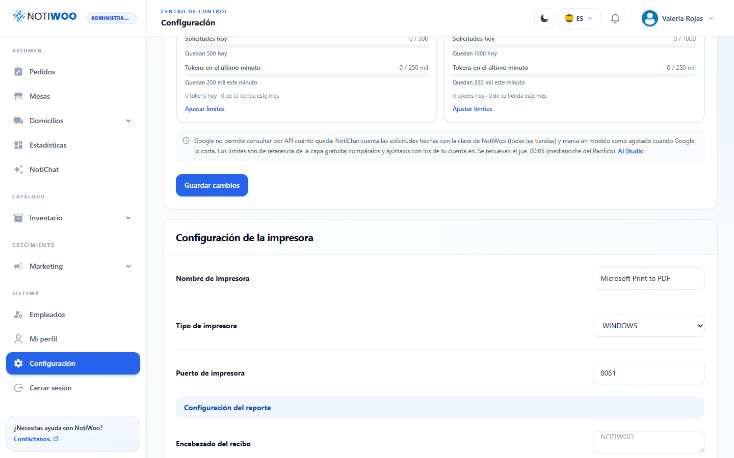 Ajustes de impresora y de formato del recibo