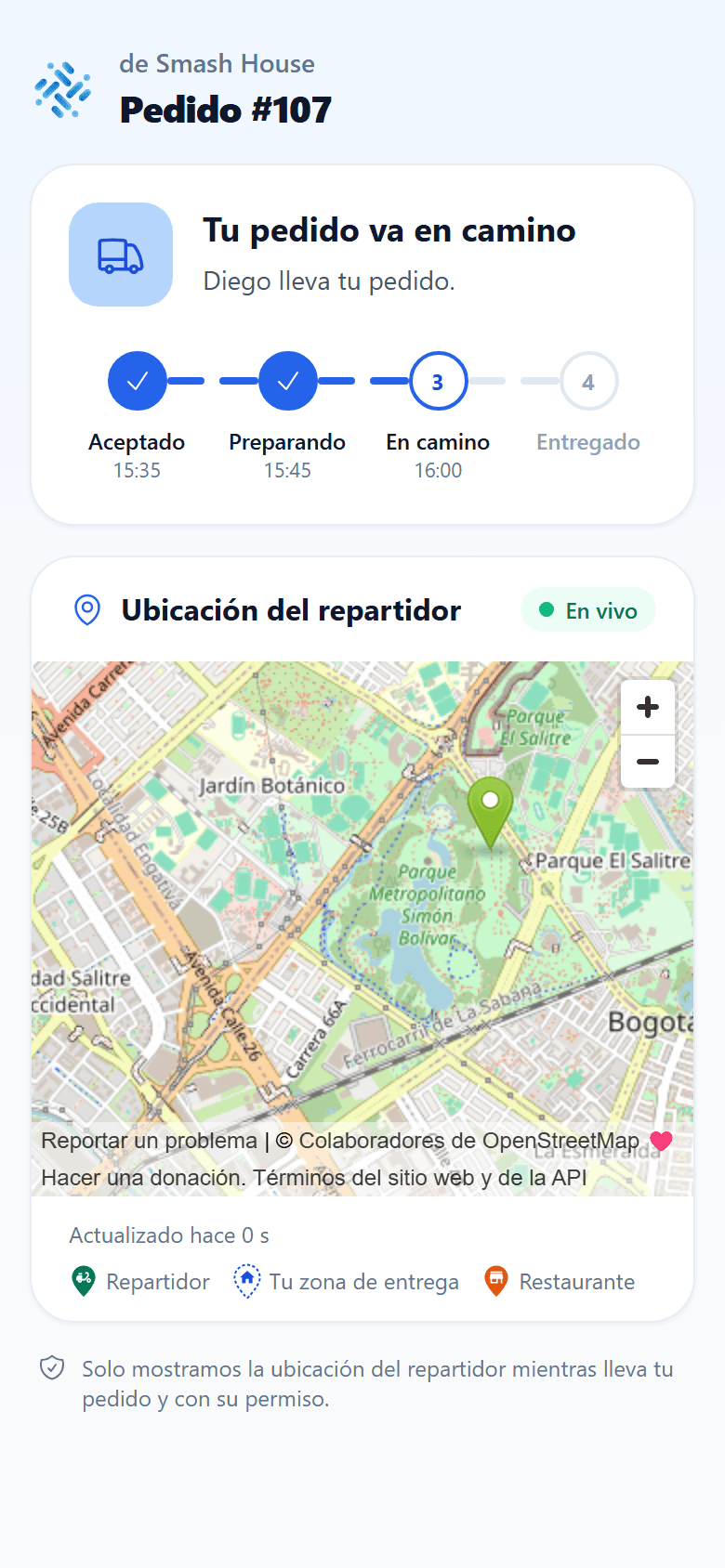 Seguimiento público de un pedido en camino