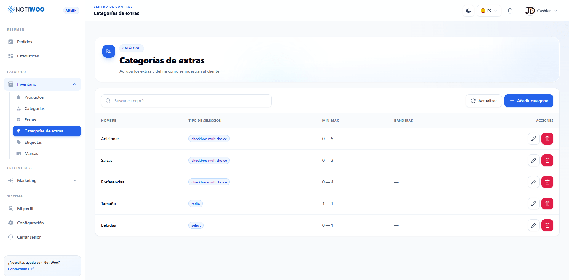 Tabla de categorías de extras con tipo de selección y límites