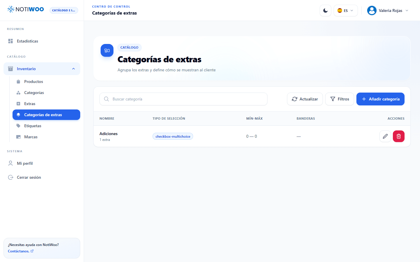 Tabla de categorías de extras con tipo de selección y límites