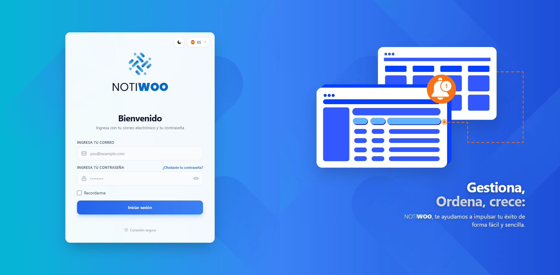 Pantalla de inicio de sesión de NOTIWOO en español