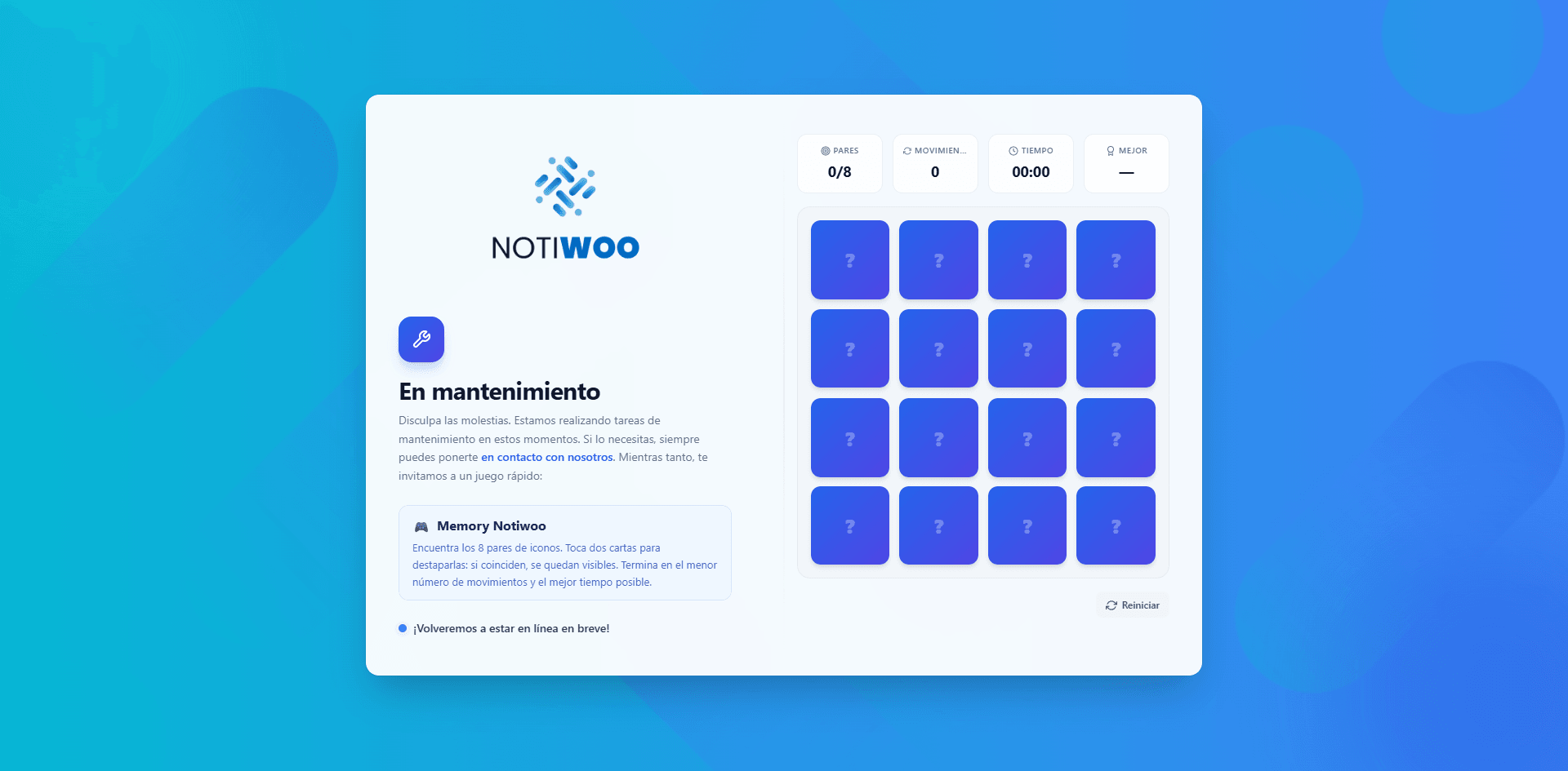 Pantalla de mantenimiento de NOTIWOO con el juego de memoria