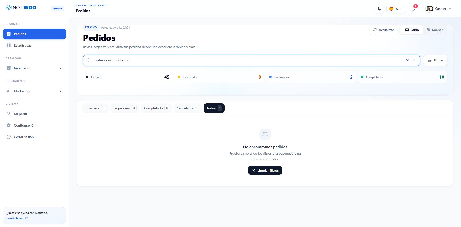 Vista Tabla de pedidos con búsqueda y filtros