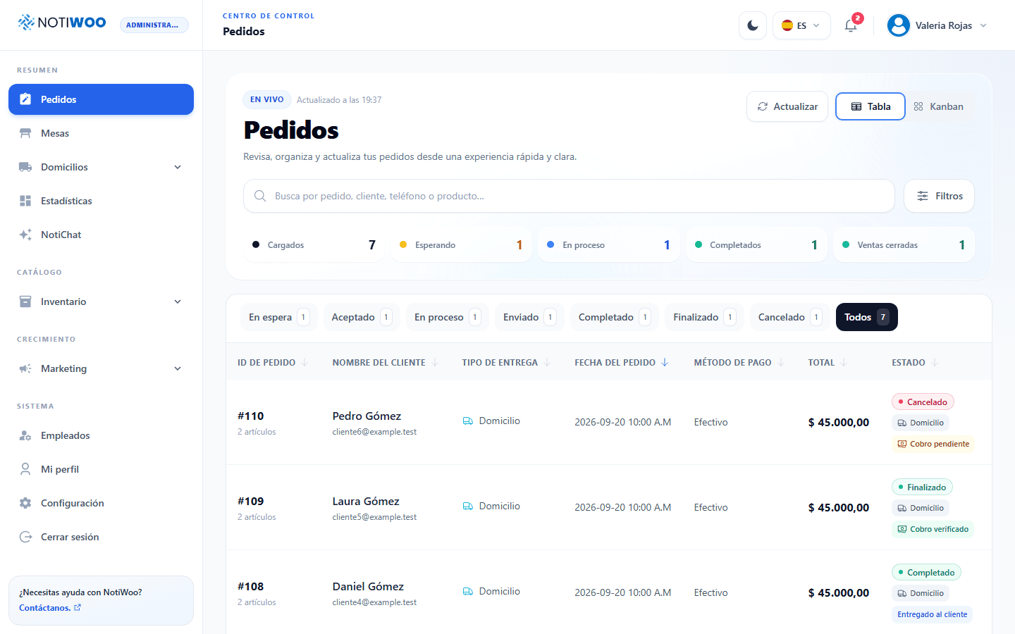 Tabla de pedidos con modalidades y cobros