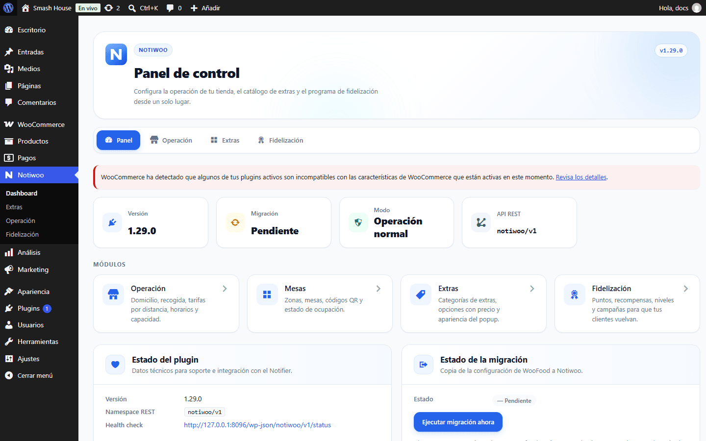 Panel de Notiwoo en WordPress