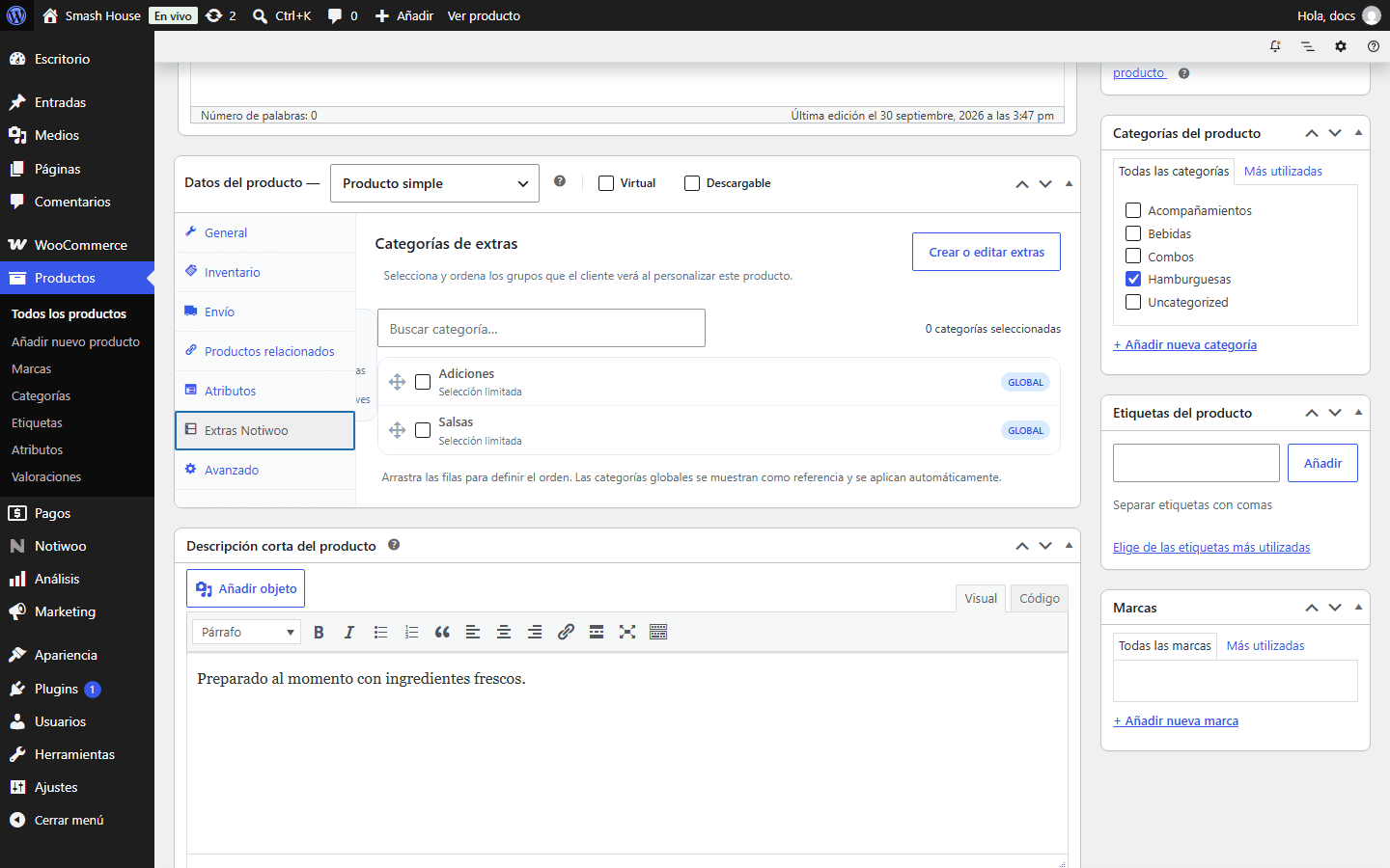 Extras Notiwoo en el editor de producto