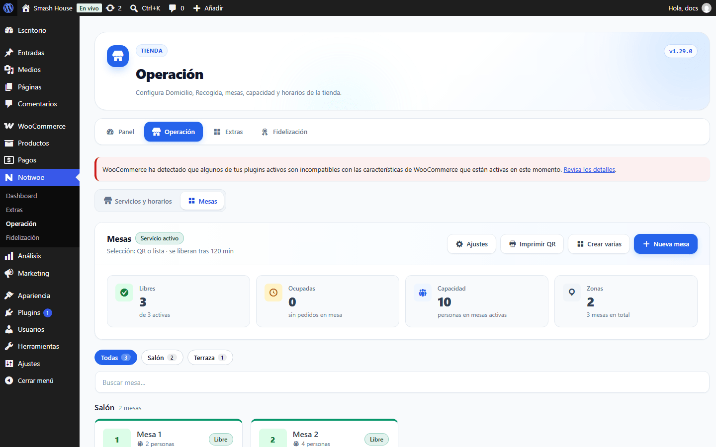 Configuración de mesas desde Operación