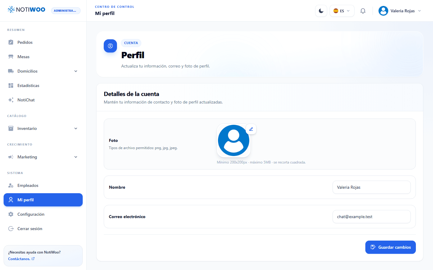 Página de perfil con datos de la cuenta y foto