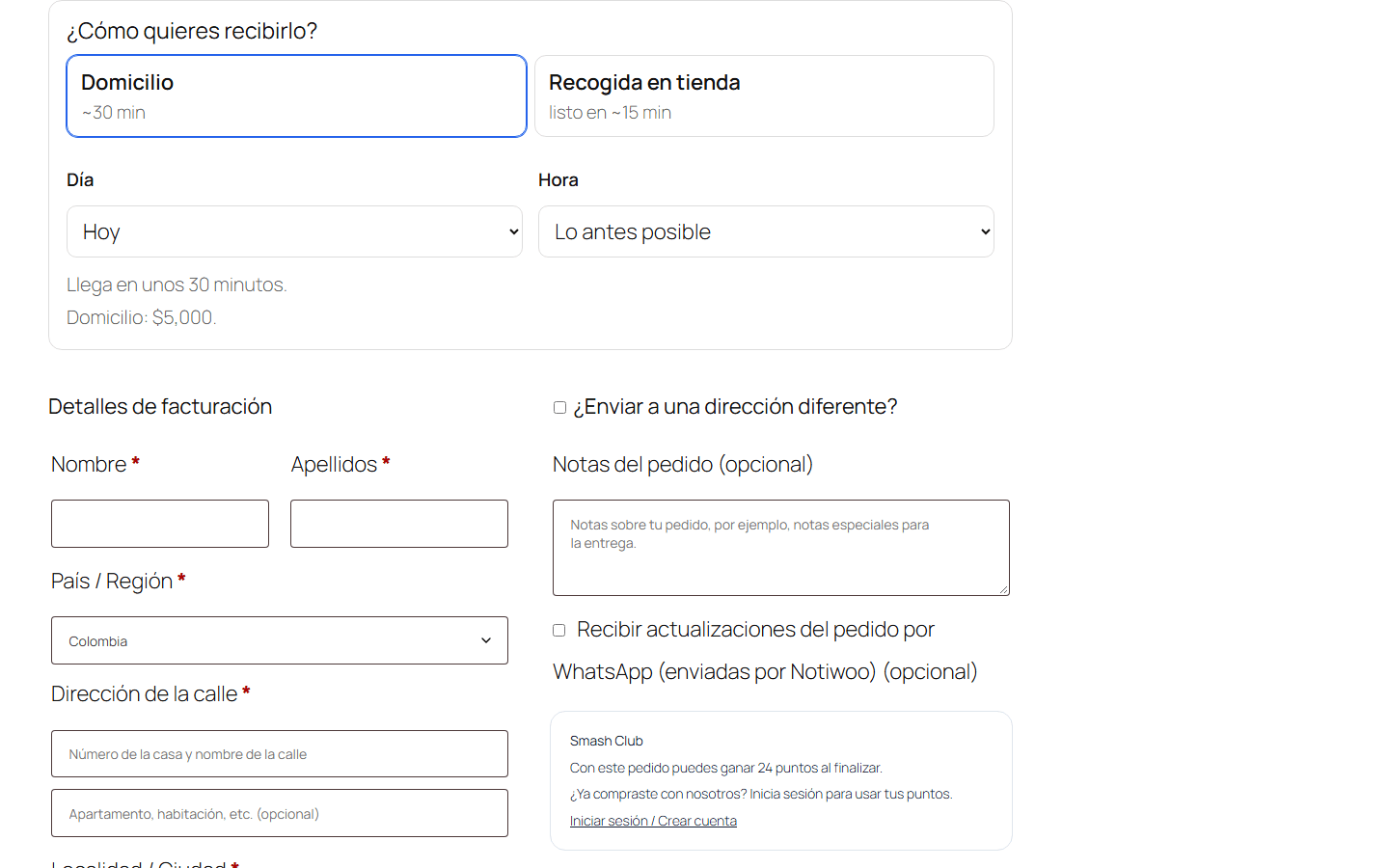 Modalidad y horario en el checkout