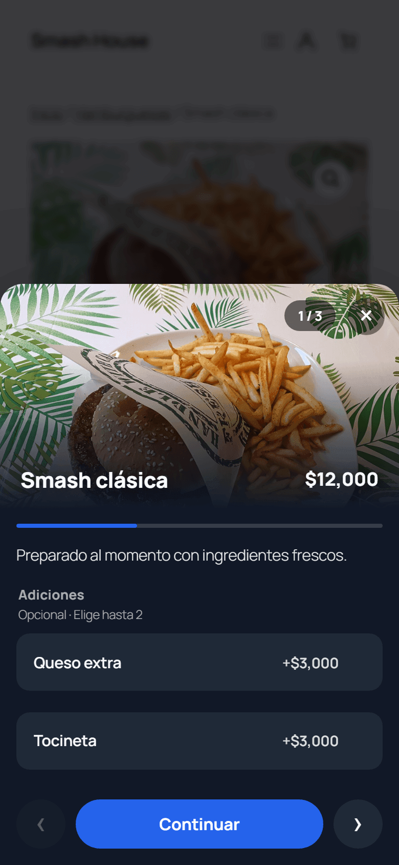 Opciones de un producto en móvil
