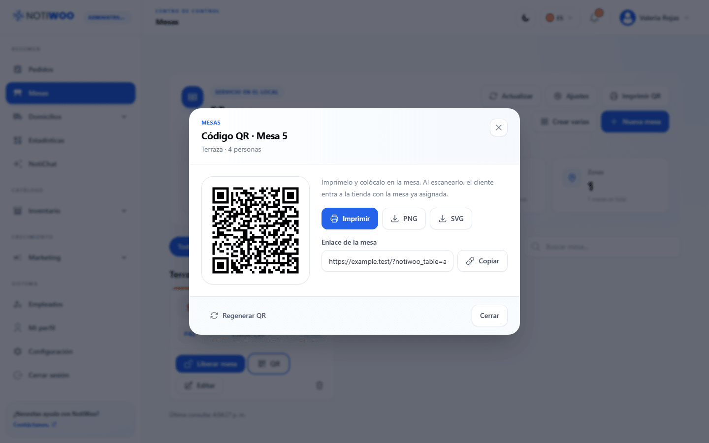 Descarga e impresión del QR de una mesa