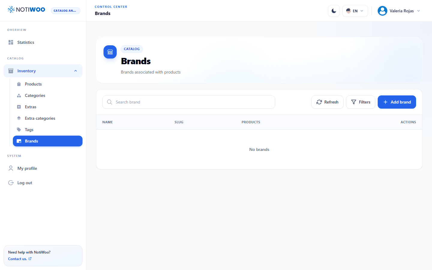 Brands table with name, slug, and product count
