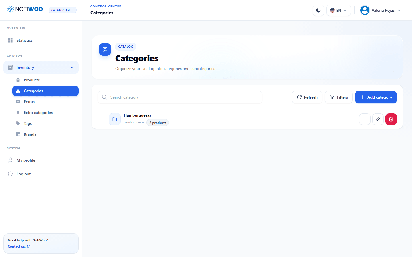 Category tree with hierarchy, slug, and product count