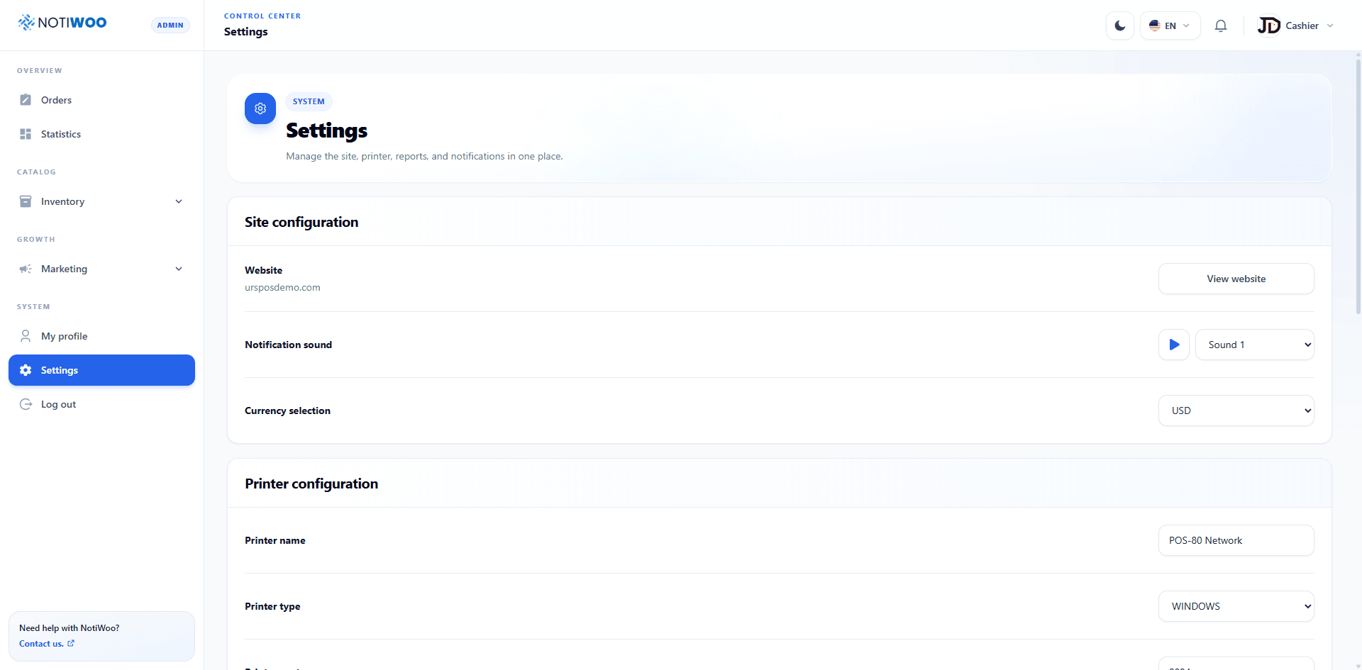 NOTIWOO site and printer settings page