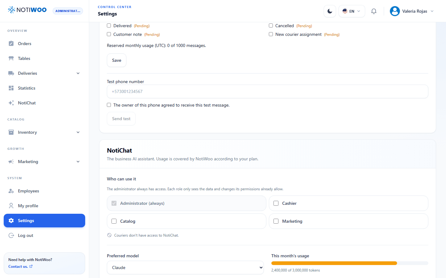 NotiChat access, provider, usage and models
