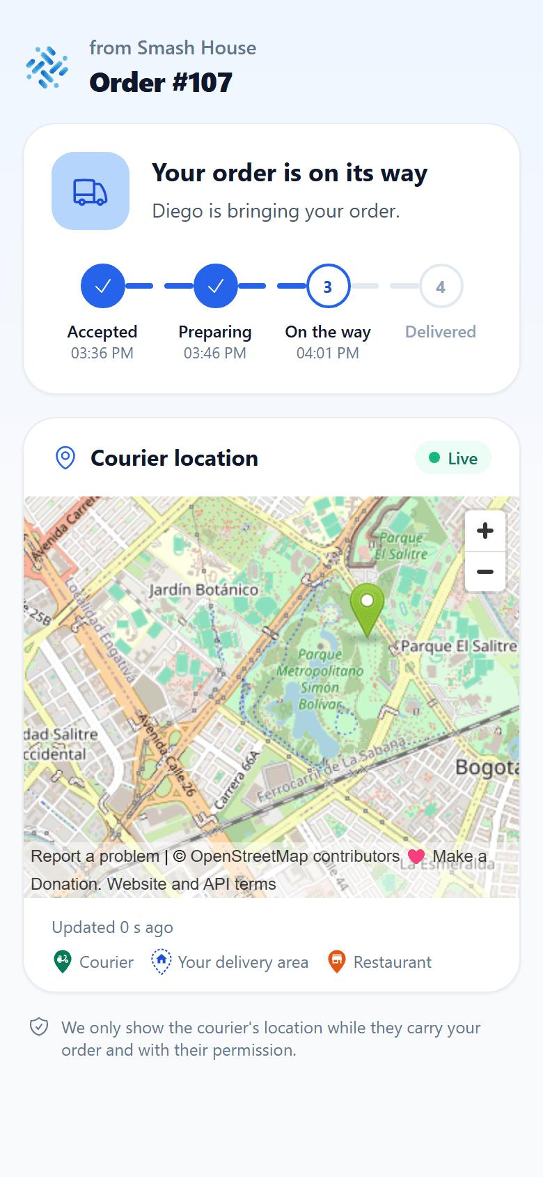 Public tracking for an order on the way