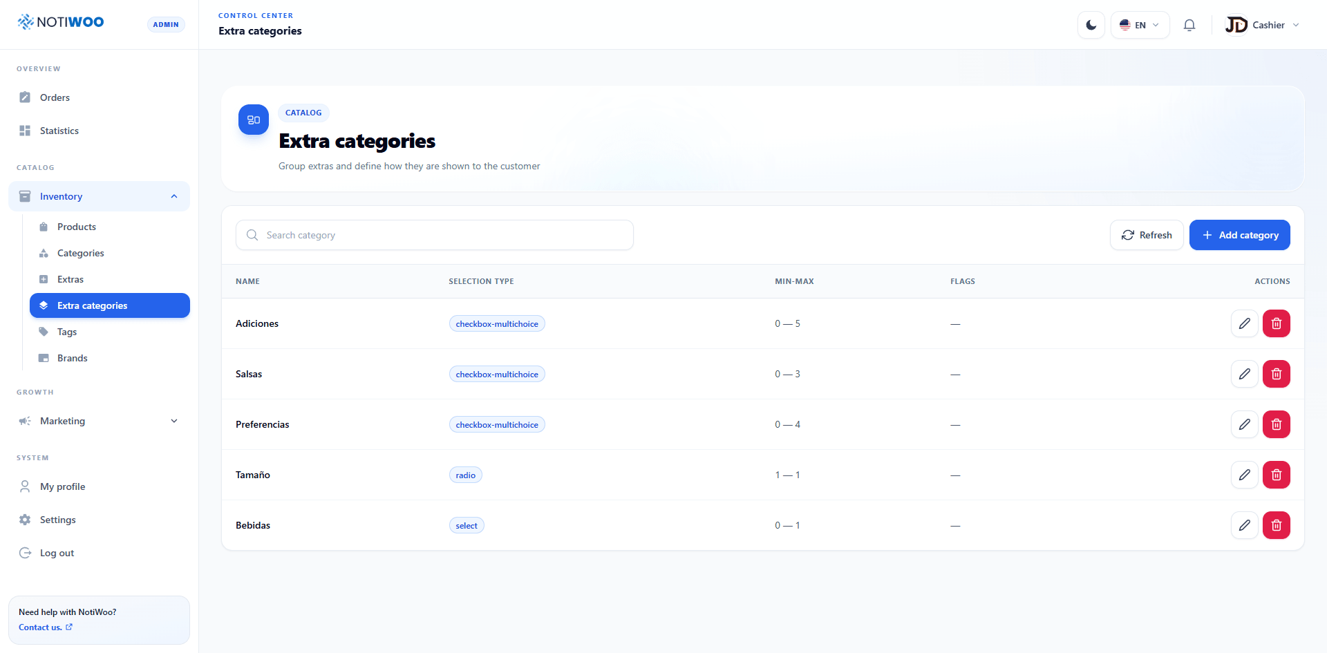 Extra categories table with selection type and limits