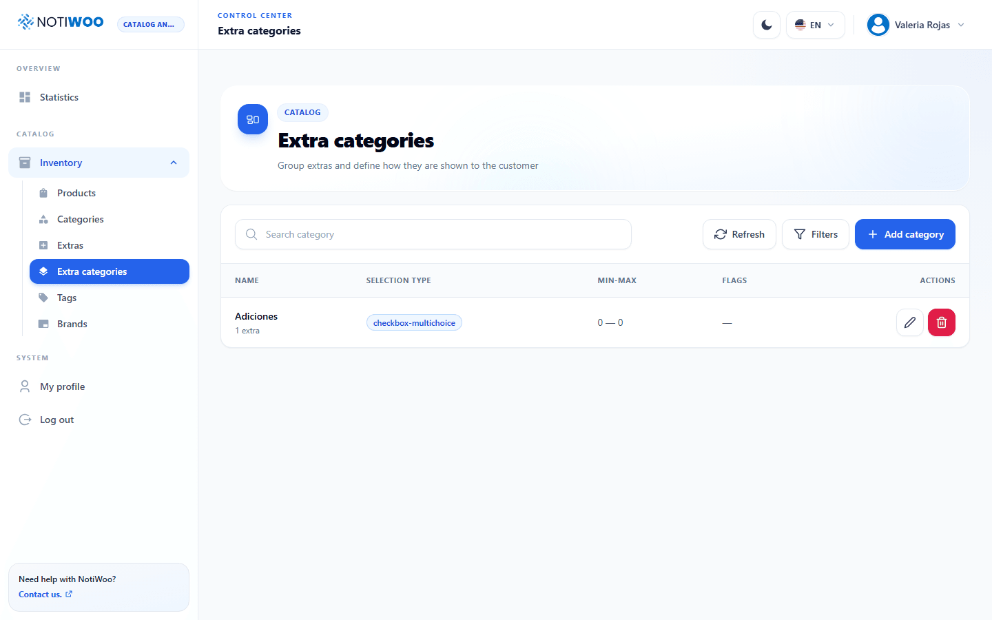 Extra categories table with selection type and limits