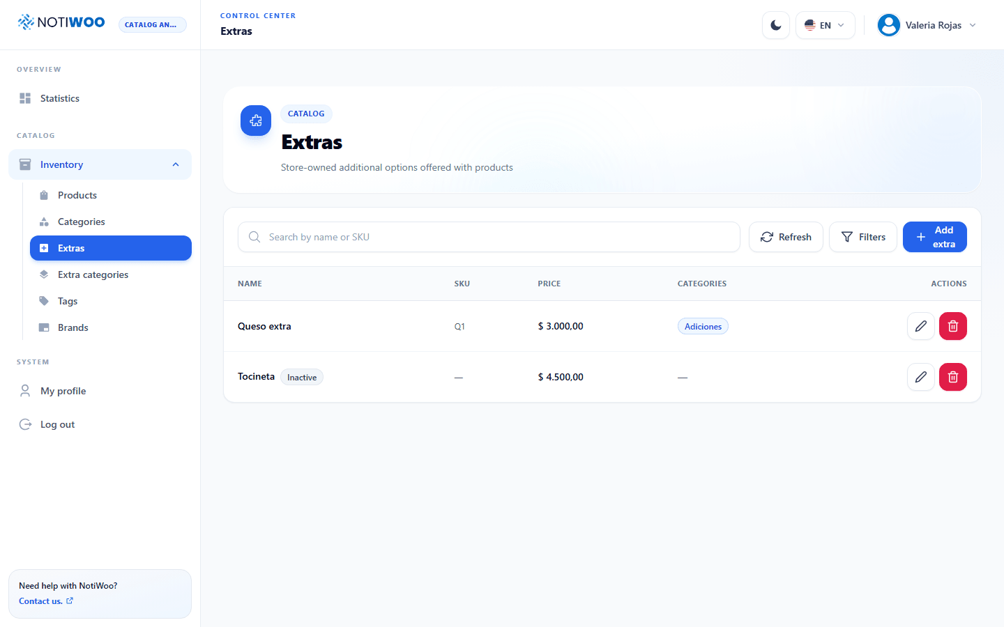 Extras list with name, SKU, price, and categories