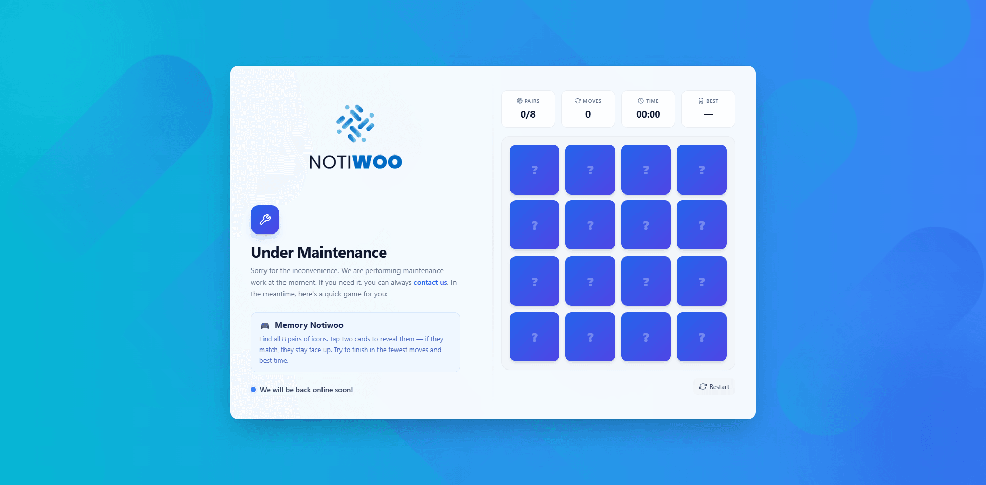 NOTIWOO maintenance screen with the memory game