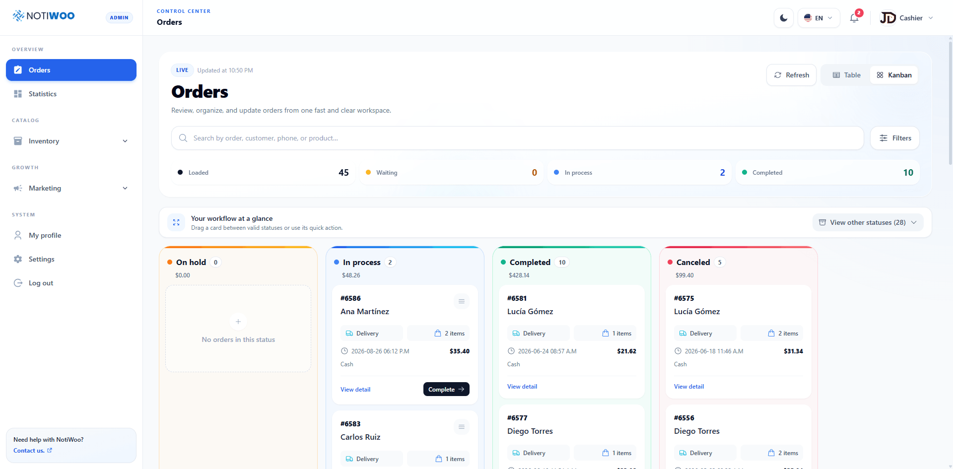 Orders Kanban with status columns