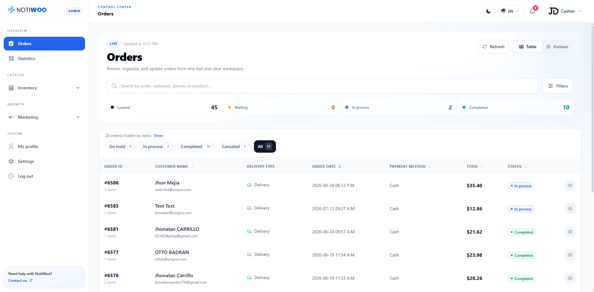 Orders Table with shared search and filters