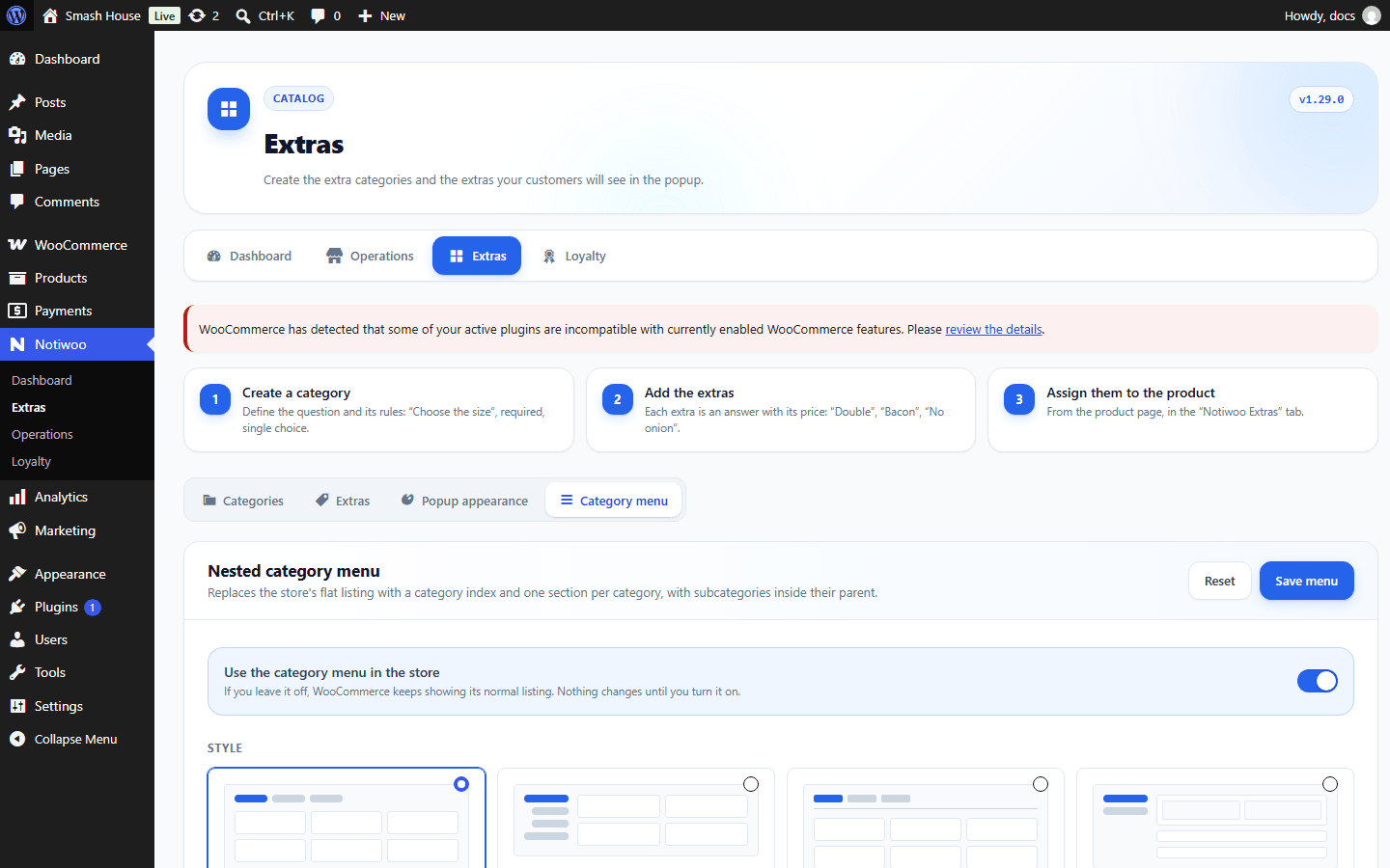 Category menu layout and ordering
