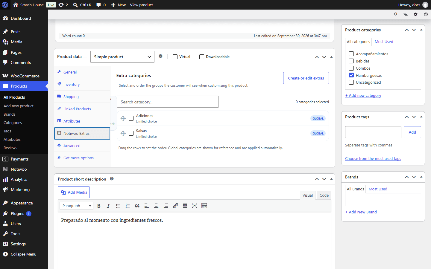 Notiwoo Extras in the product editor