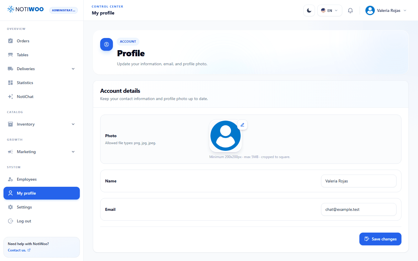 Profile page with account details and photo
