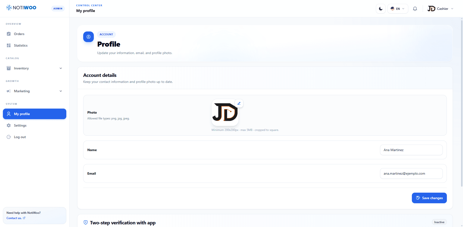 Profile page with account details and photo