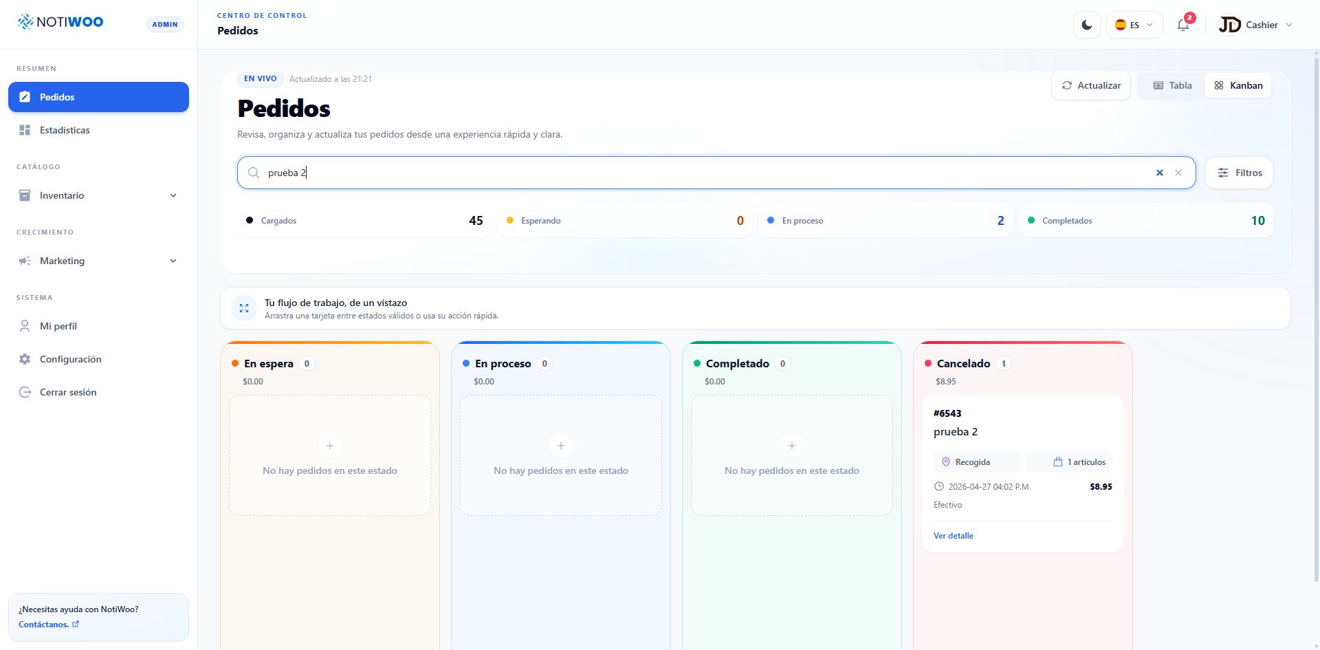 NOTIWOO orders Kanban view